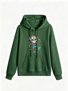 Sudadera con capucha hombre oversize hombros caídos, gráfico calavera mexicana flores coloridas, con bolsillo canguro, estilo Y2K streetwear, look casual para celebración día de muertos - Verde militar - Ver 3