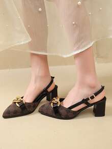 Coffee Brown Metal Chain Pointed Toe Hollow Back Chunky Heel Sandals Women Spring Autumn Vintage Commute Slingback Shoes - Coffee Brown - View 6