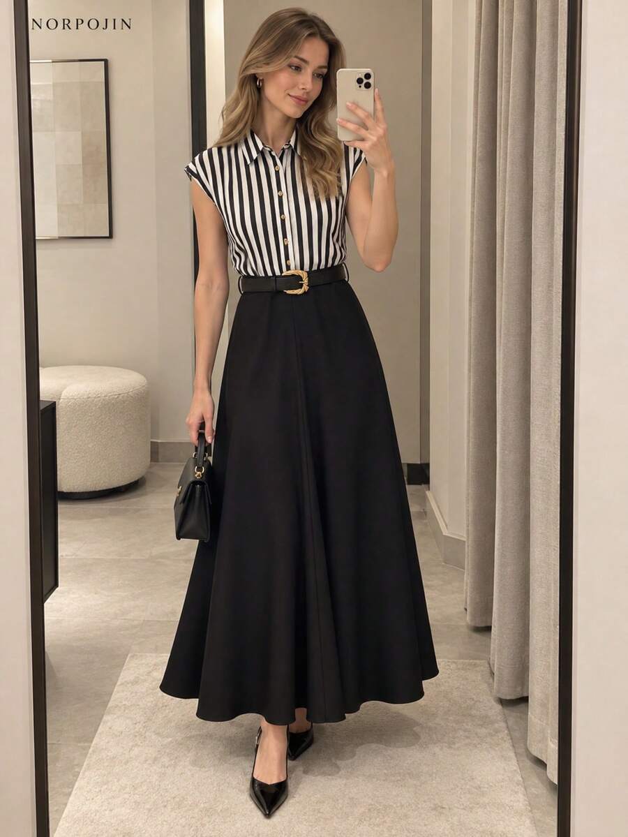 Summer Striped Pleated Patchwork Waist Belt Dress Elegant - Black and White - View 1
