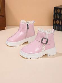 1 Pair Girls' Lace Trim Simple Thick Sole Ankle Boots, Autumn/Winter Vintage Buckle Side Zipper Campus British Style Non-Slip Boots - Pink - View 3