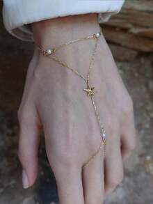 1 buah Rantai Tangan Mutiara Pentagram Wanita, Perhiasan Tangan Rantai Jari yang Dapat Diatur, Cocok Sebagai Hadiah untuk Wanita dan Pemakaian Sehari-hari - Bintang berujung lima - View 5