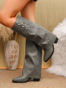 2024 Autumn New Women's Tall Boots Fashion Embroidered Knight Boots Mid-Heel Non-Slip - Grey - View 4