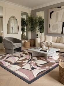 1PC Pink Brown Black White Abstract Wave Area Rug, Faux Cashmere Material Rectangular Modern Art Style Geometric Line Pattern, Machine Washable Suitable For Living Room Bedroom Daily Home Decor, Aesthetic Home Decoration - Multicolor - View 1