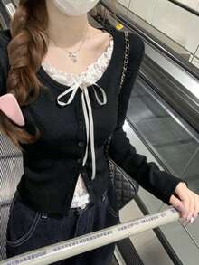 秋冬極簡性感蕾絲拼接鈕扣修身 2合1長袖打底 T-shirt 上衣 - 黑色 - 查看 7