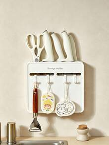 1set Cream Style Kitchen Knife Block With Side Hooks, Countertop Multi-Functional Knife & Scissor Holder, Kitchen Utensil Storage Organizer - Multicolor - View 9