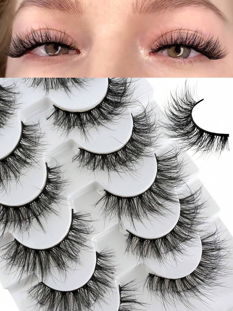 7 Pairs Natural Long False Eyelashes, Fluffy Curly Handmade Strip Lashes, Long Dense Lightweight Cat Eye Look, Suitable For Girls' Daily Wear - Black - View 1
