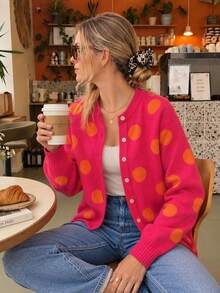 Women Round Neck Color Block Polka Dot Long Sleeve Cropped Knit Cardigan Fall Retro Y2K Daily Street Casual Outerwear - Red - View 1