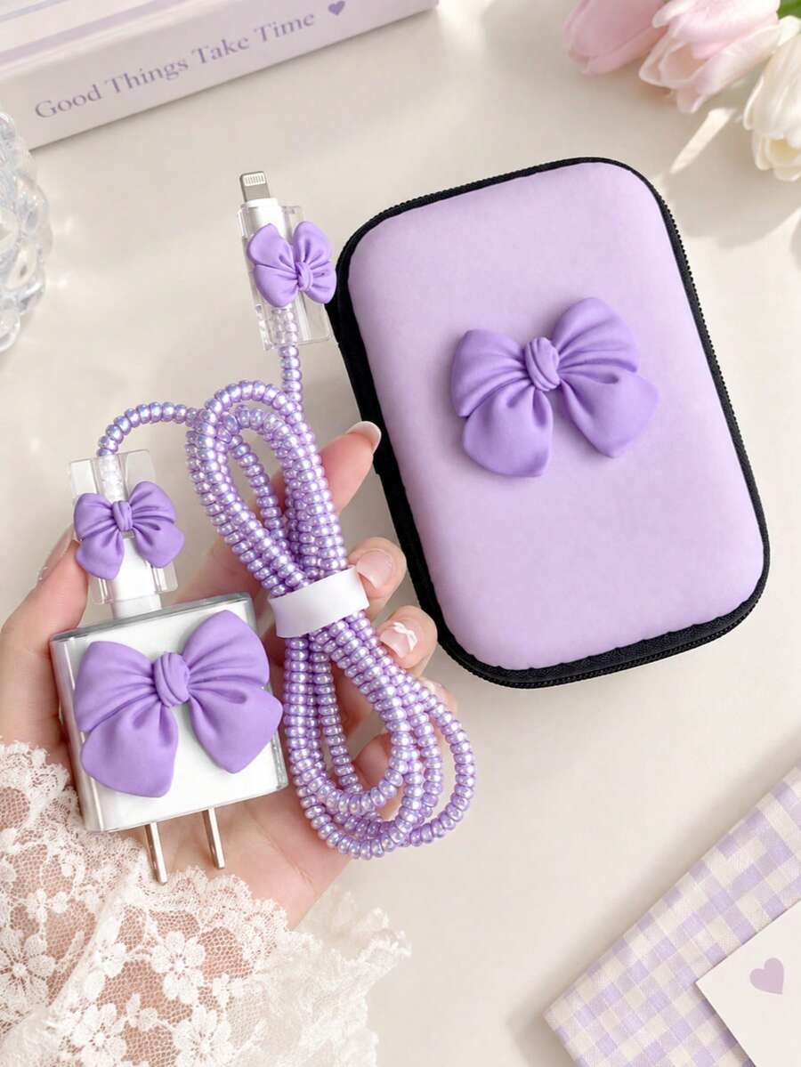1 Set Girly Bow Protector Set, Soft Shell Anti-Drop Anti-Scratch Protective Case Extends Lifespan, Gentle Girly Ins Style Compatible With Iphone 18-20W Charger, Can Be Used As Birthday, Holiday Creative Small Gift - Purple Bow - View 1