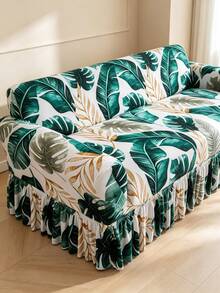 1pc Tropical Banana Leaf Southeast Asian Style Ruffled Sofa Cover Geometric Pattern Printed Living Room Elastic Spandex Sofa Protector Full Cover For L-Shaped Chaise Lounge Sofa Cushion 1/2/3/4 Seater - Multicolor - View 8