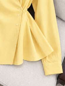 Plus Size Women's Spring/Autumn New Solid Color French V-Neck Tie Waist Casual Long Sleeve Blouse Yellow - Yellow - View 3