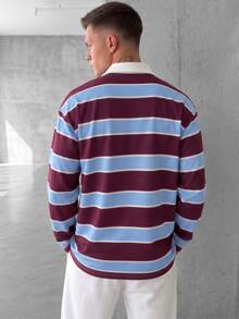 Men's Purple & Blue Colorblock Gradient Striped Polo Collar Long Sleeve Casual Retro Top, Suitable For Commute, Campus And Daily Wear, Spring/Autumn - Blue - View 5