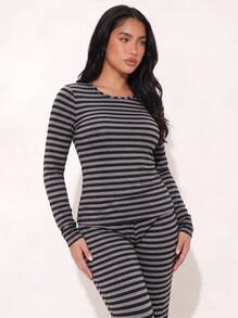 Spring/Autumn New Black & Grey Striped Women's Long Sleeve Pajama Set 2pcs, Fashionable Versatile Long Sleeve & Long Pants Loungewear - Multicolor - View 2