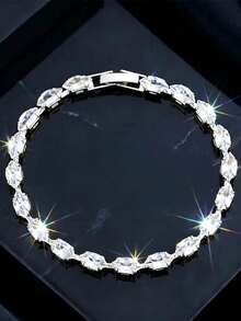 Vintage White Zirconia Tennis Chain Bracelet With Gemstone Beads - Classic Fashion Accessory - Silver White - View 4