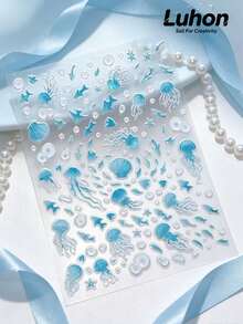 1Set Ocean Themed Stickers, Stickers For Laptop, Journaling Supplies, Sticker Book, Transparent Blue Jellyfish And Shell Print, Aesthetic Minimalist Style, Decorative Decals For Cup, Camera, Phone Case - Shell Jellyfish - View 2