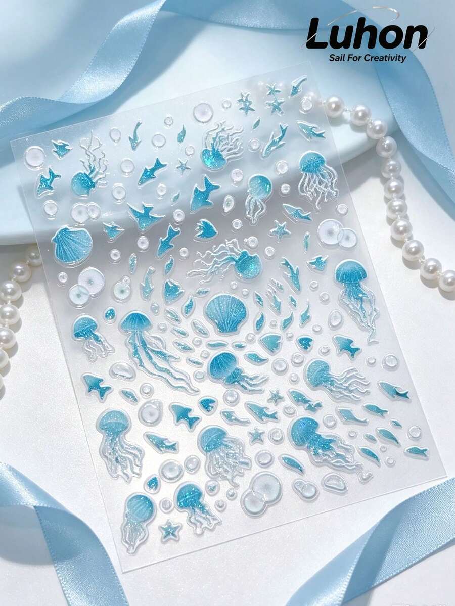 1Set Ocean Themed Stickers, Stickers For Laptop, Journaling Supplies, Sticker Book, Transparent Blue Jellyfish And Shell Print, Aesthetic Minimalist Style, Decorative Decals For Cup, Camera, Phone Case - Shell Jellyfish - View 1