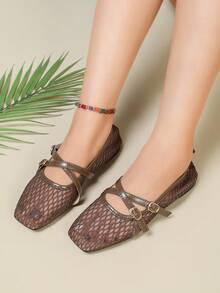 Women's Coffee Brown Flat Mary Jane Shoes With Mesh Strap And Cross Buckle Design - Coffee Brown - View 4