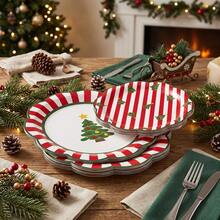 10/20/50pcs Christmas Tree Wavy Edge Disposable Paper Plates, 7 Inch And 9 Inch, Wavy Edge Red And White Striped Christmas Dinner Plates, Christmas Eve Family Dinner, Holiday Office Party, Winter Solstice Dinner Tableware - Multicolor - View 2