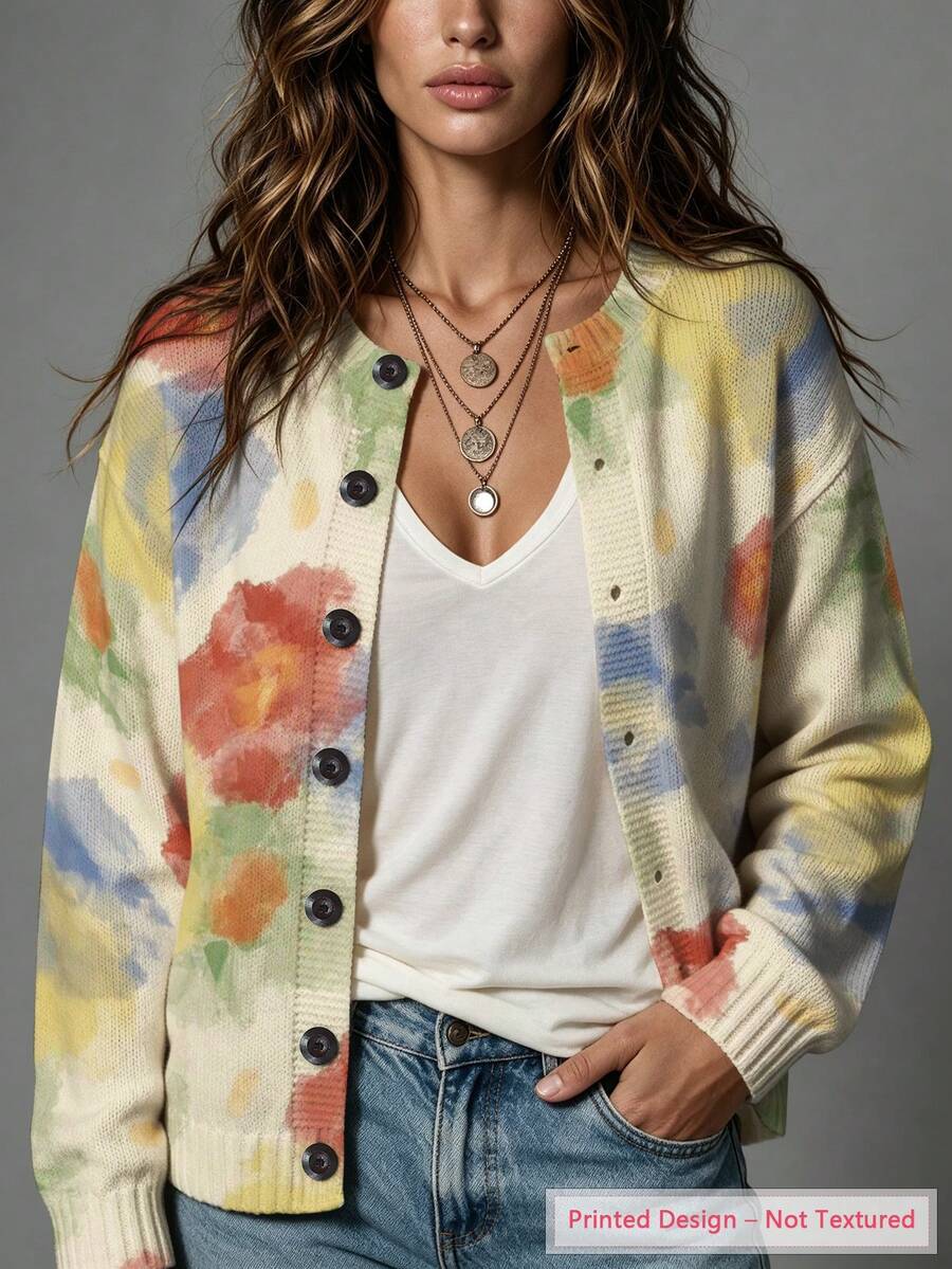 ASHKATIA Women's Plus Size Tie-Dye Button Knit Cardigan, Long Sleeve Round Neck Drop Shoulder Sweater Vacation - Multicolor - View 1