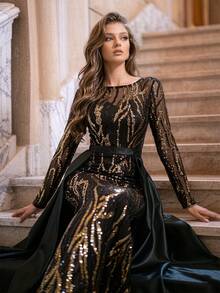 Romagic Đầm dạ hội cổ tròn đính sequin đen & vàng, đầm dạ hội dáng dài sang trọng - màu đen - Xem 3