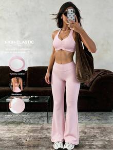 Women's 2 Pieces Sports Set Summer Sexy Halter Top + High-Waisted Straight Leg Pants, Suitable For Running, Workout, Yoga, Gym Pink Elegant - Pink - View 1