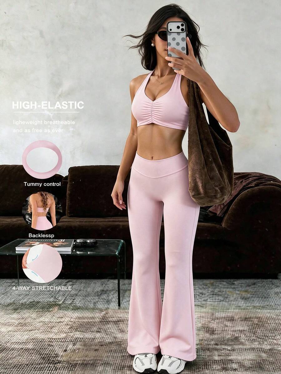 Women's 2 Pieces Sports Set Summer Sexy Halter Top + High-Waisted Straight Leg Pants, Suitable For Running, Workout, Yoga, Gym Pink Elegant - Pink - View 1