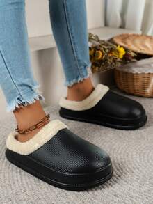 Women's Fashionable Versatile Outdoor Commute Home Closed-Toe Comfortable Warm Slippers, Autumn/Winter - Black - View 9