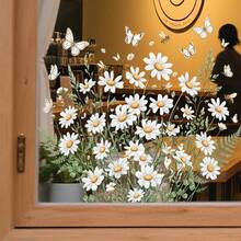 1PC 20*20cm Bohemian Summer Daisy Butterfly Window Sticker, Floral Meadow Glass Decor Sticker, Pastoral Style Removable Waterproof PVC Forest Home Decor - 1PC - View 7