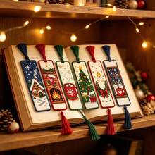 6pcs Christmas Theme Cross Stitch Bookmark Set, DIY Christmas Bookmark Kit, Medium Grid 3-Strand Embroidery Thread, Christmas Tree, Bell And Fireplace Patterns, Includes Needle, Thread, Instructions, Threader And Threading Tool Kit - Multicolor - View 7