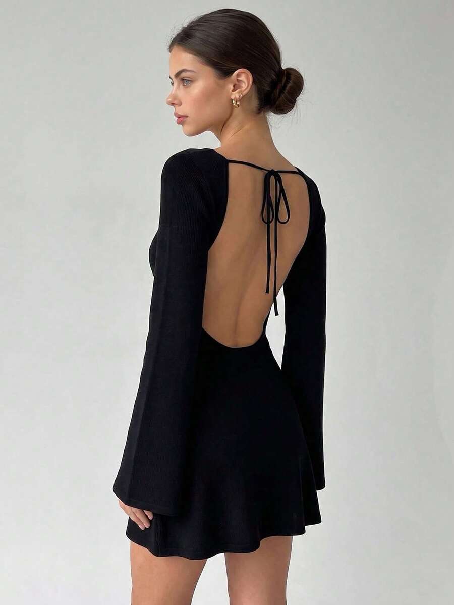 QUNGIGU Women Flare Sleeve Boat Neck Dress Backless Cutout Elegant Mini Gowns For Going Out Dating Luxury Evening Party - Black - View 1
