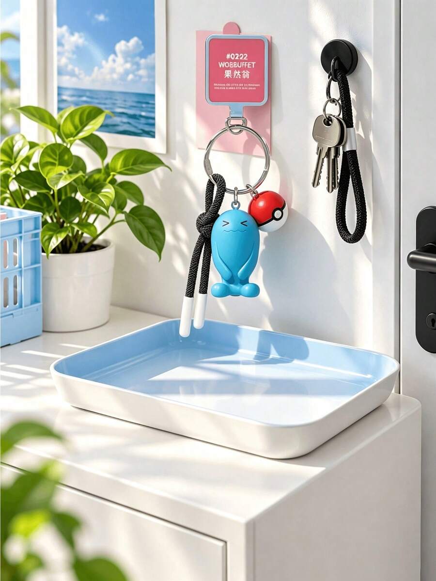 MINISO Pokemon Wobbuffet Character Keychain With Pokeball Charm And Black Rope Strap For Handbag Backpack Keys, Birthday Christmas Gift - Style 1 - View 1