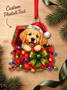 1pc Custom Photo Name Christmas Dog Ornament, Personalized Pet Portrait Tree Decor, Golden Retriever In Gift Box, Name On Santa Hat, Red Ribbon Holiday Keepsake, Red Green Festive Puppy Design, Pet Lover Gift, Christmas Decoration,Christmas Gift - Multicolor - View 2