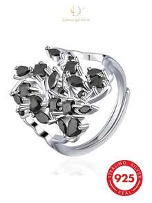 Niche Cool S925 Sterling Silver Asymmetrical Cluster Black Diamond Combination Open Ring, Multi-Shape Gemstone Patchwork Design Finger Ring - Black - View 2
