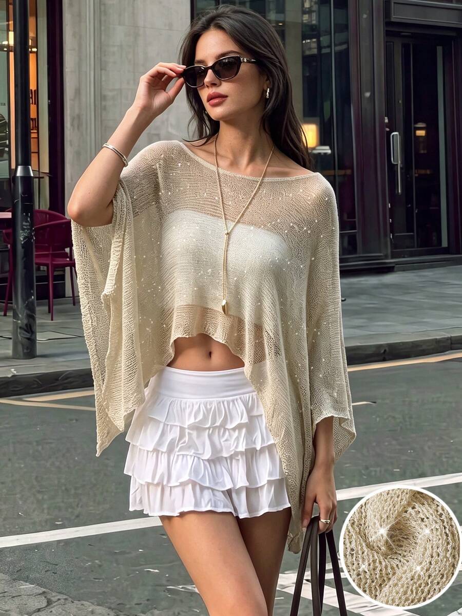Women's Autumn/Winter Beige Beaded Sheer Knit Batwing Sleeve Cropped Cover Up Sweater, Casual Loose Mesh Knit Shawl, Autumn Daily Wear - Apricot - View 1