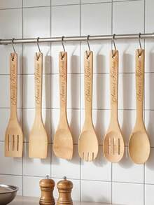 Personalized 6pcs Bamboo Kitchen Utensil Set, Simple Cooking Tools, Stir-Fry Spatula, Cookware, Easy To Clean Multi-Functional - Creative Gift For Wedding, Outdoor, Birthday Party, Anniversary, Housewarming, Suitable As Practical Gift For Partner, Friends, Parents - Light Bamboo - View 3