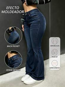 Jeans de campana de unicolor con efecto de bigotes de gato para mujeres - Azul lavado oscuro - Ver 1