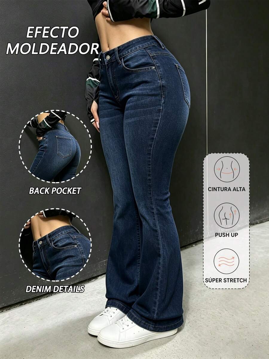 Jeans de campana de unicolor con efecto de bigotes de gato para mujeres - Azul lavado oscuro - Ver 1