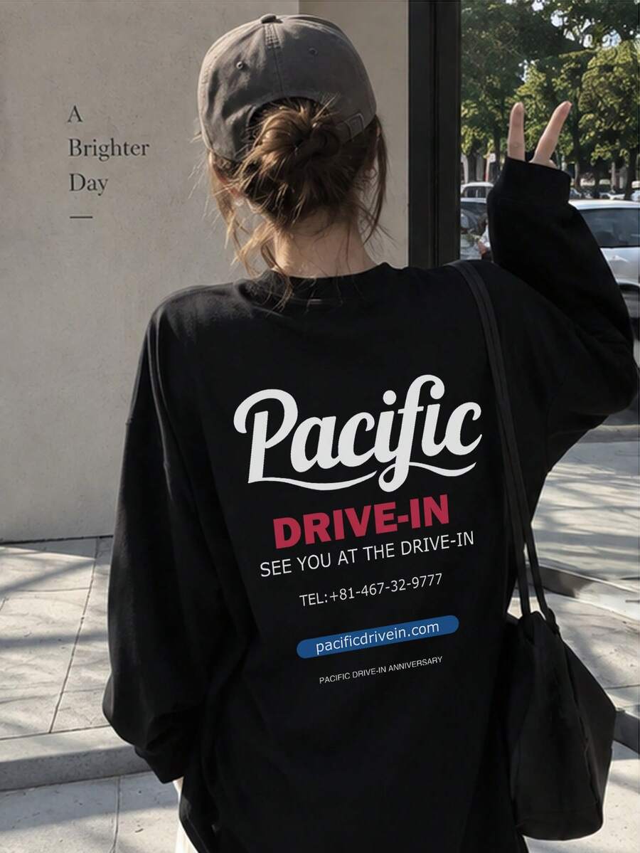 女款時尚秋冬寬鬆圓領休閒街頭風百搭字母印花長袖T恤 - 黑色 - 查看 1
