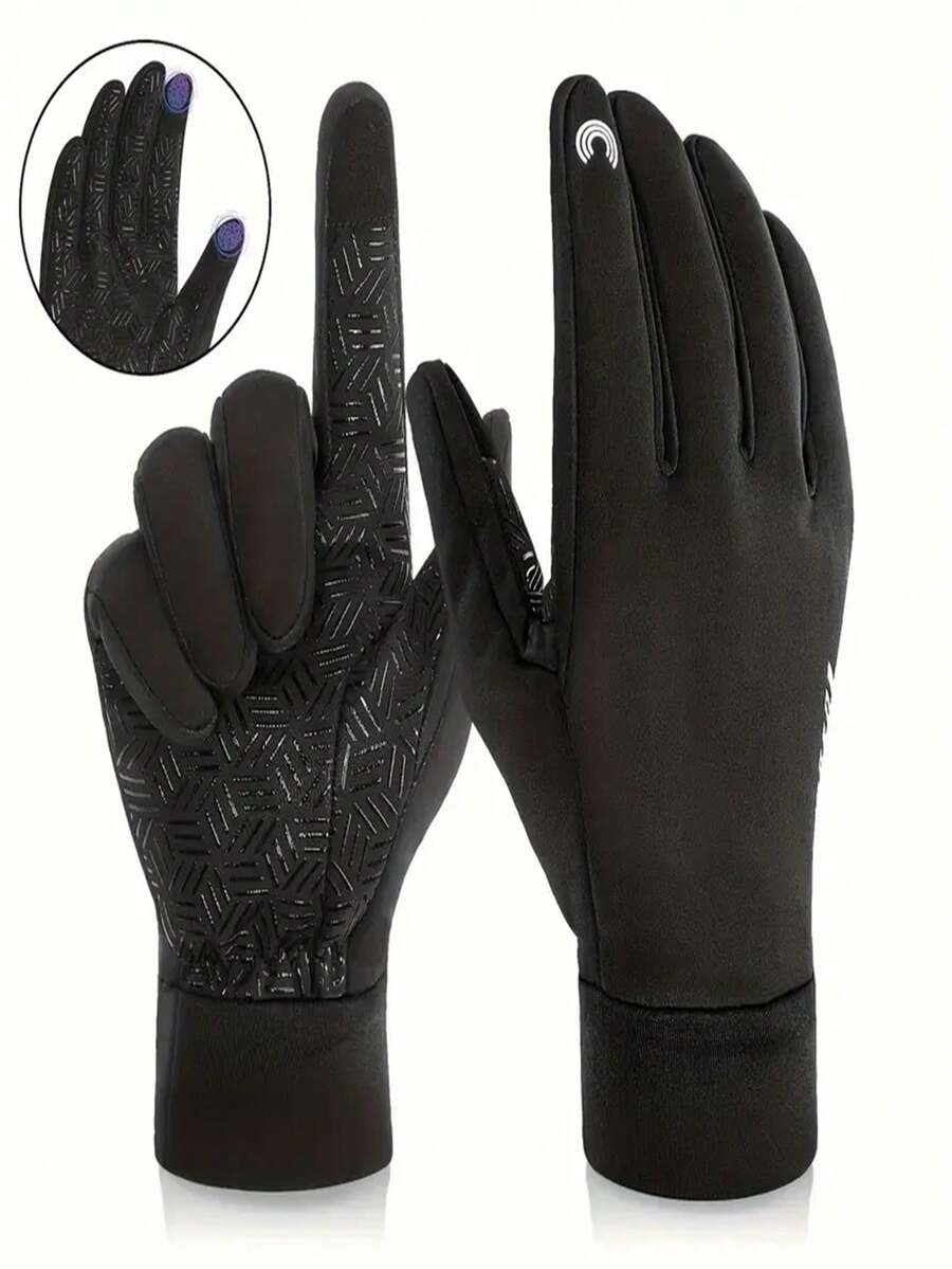 1pair Winter Outdoor Sports Gloves Windproof Touchscreen Fleece Lined Warm For Cycling Skiing Running Driving - Multicolor - View 1