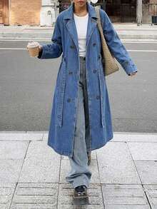 Women's Vintage Long Sleeve Denim Trench Coat Jacket With Belt, Lapel And Button Design - Medium Wash - View 3
