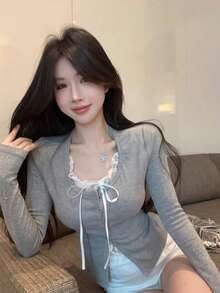 Casual Lace Patchwork 2 In 1 Bowknot Long Sleeve Women's Top Autumn - Grey - View 9