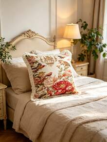 1PC French Floral And Bird Print Pillow Cover With Tassel Border, Double-Sided Decorative Pillowcase, French Vibrant Floral And Bird Patterns, Home Decor, Sofa, Bed, Bedroom(Excluding Pillow Core)-Size Excludes 3cm Tassels - Multicolor - View 2