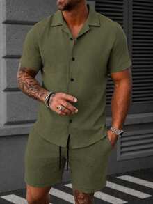 Men's Casual Daily Army Green Shirt And Shorts Beach Set - Dark Green - View 1