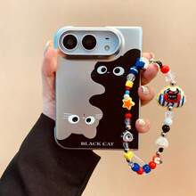 Cute Black Cat Pattern Electroplated Silver Phone Case With Kitten Heart Star Beads Chain Compatible With IPhone Duo Fold Ultra 18 Fold Case Anti-Drop Cover - Silver - View 10