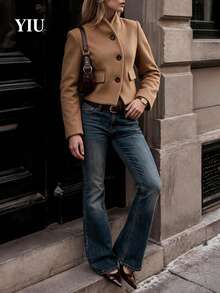 YIU LUMOS Women's Khaki Textured Cropped Jacket, Stand Collar Button Flap Pocket Long Sleeve, Office Chic Vintage Coat For Work Daily Fall Winter - Khaki - View 3