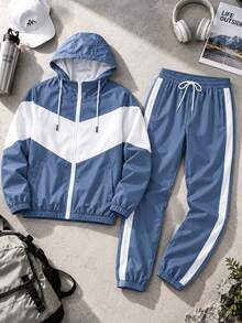 Men's Autumn Colorblock 2 Pieces Sports Set, Hooded Zip-Up Jacket + Side Stripe Jogger Pants, Casual Streetwear Daily Outfit - Blue - View 5