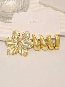 6/18pcs Gold Flower Earrings Set, Textured Water Drop C-Shaped Hoop Earrings, Metallic Mixed Layering Style, Women's Daily Party Fashion Jewelry Gift - Gold - View 10