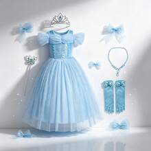 5PCS Girls New Blue Princess Dress, Round Neck Design With Mesh Off-Shoulder, Tulle Ballet Princess Skirt And Snowflake Cape Birthday Party Costume, Suitable For Holiday Performance, Theme Party - Baby Blue - View 1