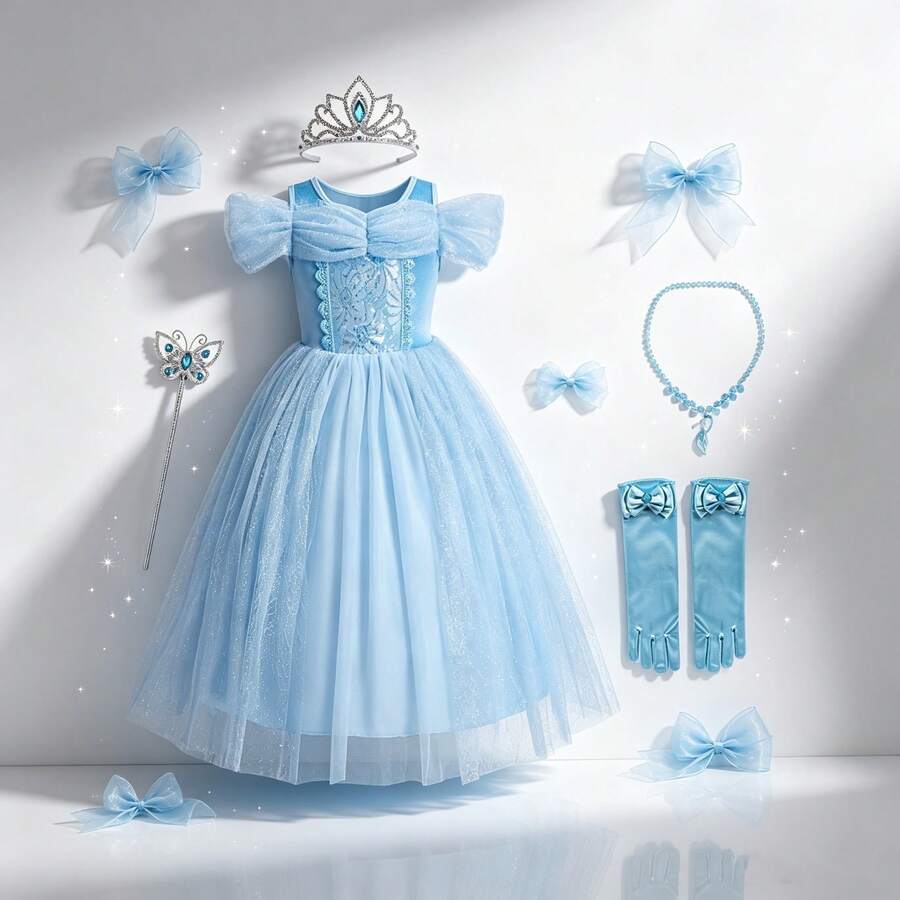 5PCS Girls New Blue Princess Dress, Round Neck Design With Mesh Off-Shoulder, Tulle Ballet Princess Skirt And Snowflake Cape Birthday Party Costume, Suitable For Holiday Performance, Theme Party - Baby Blue - View 1