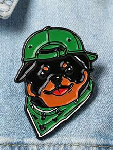 QIHOO 1PC Cute Rottweiler Dog Enamel Pin, Cartoon Dog Green Hat Bandana Brooch Lapel Badge Backpack Decor Gift - Multicolor - View 1