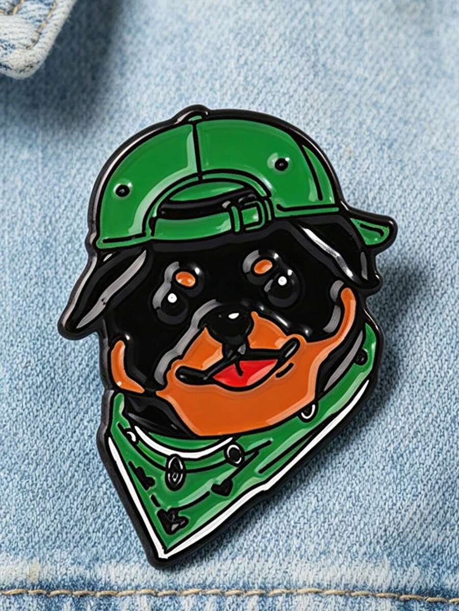 QIHOO 1PC Cute Rottweiler Dog Enamel Pin, Cartoon Dog Green Hat Bandana Brooch Lapel Badge Backpack Decor Gift - Multicolor - View 1